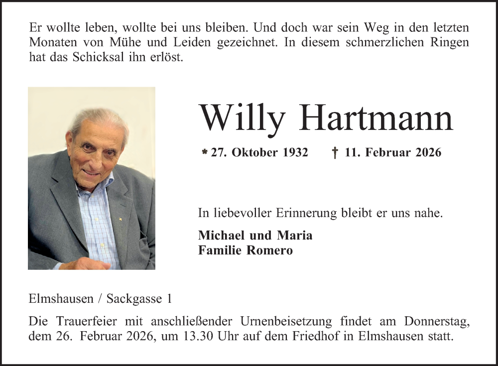  Traueranzeige für Willy Hartmann vom 21.02.2026 aus Bergsträßer Anzeiger