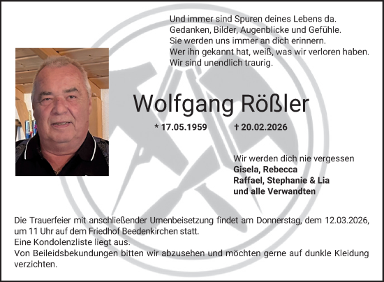 Traueranzeige von Wolfgang Rößler von Bergsträßer Anzeiger